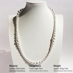 Classic gradient white pearl necklace on neck model with gold plated brass clasp