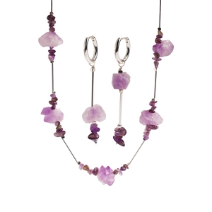 Amethyst jewelry set with raw purple gemstone necklace and square drop earrings