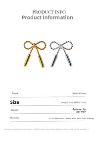 Detailed size chart for bow earrings featuring 2cm dimensions and 925 silver needle material