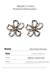 Detail of silver hollow flower earrings showing 3cm by 2.8cm dimensions and 9.2g weight