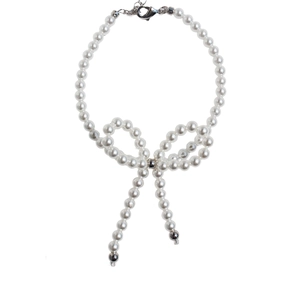 Elegant pearl bow necklace with silver clasp and adjustable chain on white background