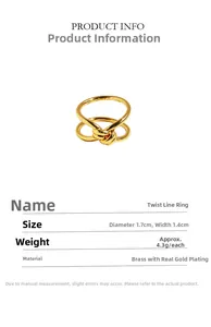 Detailed spec sheet for a gold-plated knotted brass ring with 1.7cm diameter