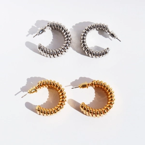 Chunky C-Shape Hoop Earrings With 925 Sterling Silver Earring Post Ribbed Spiral Texture Brass Metal Jewelry For Women