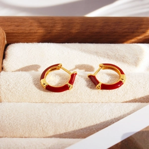 Red Enamel Hoop Earrings Vintage Gold Plated Brass Zircon Small Round Circle Retro Jewelry For Women