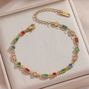 Elegant gold stainless steel bracelet with colorful heart and emerald cut crystals