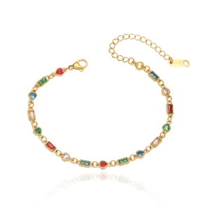 Golden stainless steel bracelet with colorful heart and rectangle zircon stones on white background