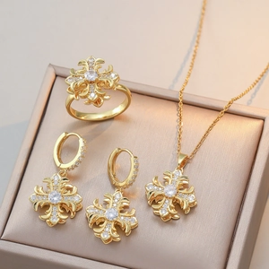 Retro Kreuz Blume Schmuck Halskette Ohrringe Ring Titanstahl Kupfer Mit Zirkonia Eingelegt Für Frauen Mode