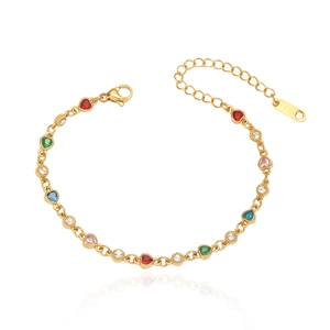 Detail of gold stainless steel bracelet with colorful heart gemstones and lobster clasp