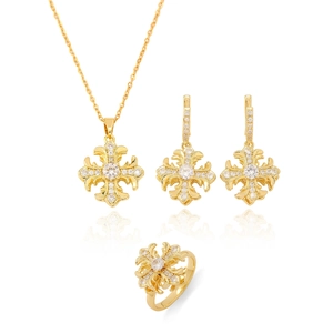 Vergoldetes Kreuz Schmuckset mit Halskette Ohrringen und Ring mit Zirkonia Einlagen