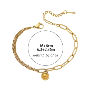 Gold titanium steel double chain bracelet with a spherical pendant and adjustable clasp