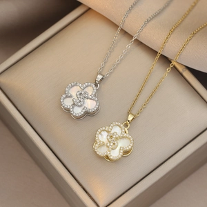 Flower Dollar Sign Pendant Necklace Titanium Steel Zircon Shell Elegant Jewelry For Women