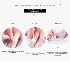 Three-step visual guide for measuring finger circumference to determine ring size accurately