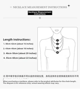 Size guide showing necklace length options from 40cm to 60cm on a model silhouette