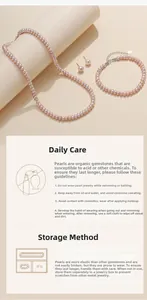 Close-up of pink freshwater pearl set with care instructions for jewelry maintenance