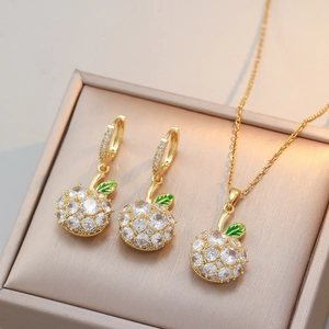 Parure Bijoux Collier Pendentif Pomme Boucles Oreilles Zirconium Acier Titane Émail Rotatif Femmes