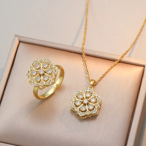 Collier Et Bague Spinner Fleur De Flocon De Neige En Acier Inoxydable Incrusté De Zircon Bijoux Rotatifs Élégants