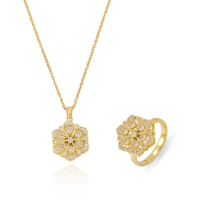 Parure élégante collier et bague fleur dorée sertie de zircons cubiques étincelants