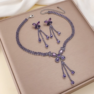 Purple Butterfly Necklace Earring Jewelry Set Copper With Zircon Long Tassel Elegant Fashion For Women