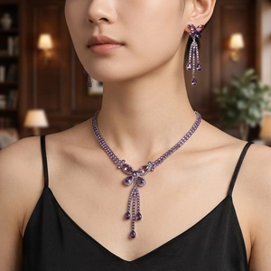 Elegant purple butterfly jewelry set with zircon necklace and fringe tassel earrings