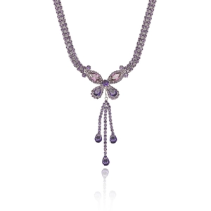 Luxurious purple butterfly necklace set with shimmering zircon fringe and elegant tassel drop