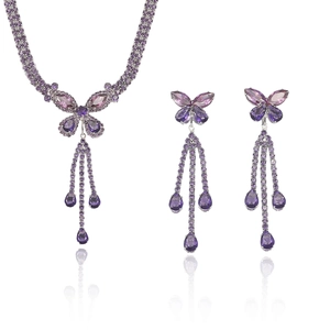 Elegant purple zircon butterfly tassel necklace and earrings set with silver finish