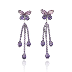 Elegant purple butterfly drop earrings with cubic zirconia tassels and silver finish