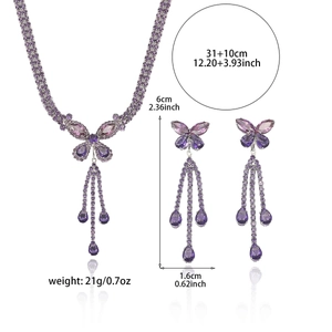 Elegant purple butterfly jewelry set with zircon necklace and matching dangle earrings