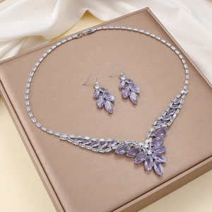 Collier Et Boucles D'oreilles Fleur Zircon Violet Marquise Cuivre Épi De Blé Feuille Chaîne De Clavicule Bijoux Élégant