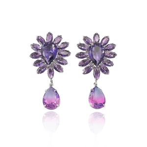 Boucles d'oreilles fleur en zircon avec pierres violettes et pendentifs goutte rose