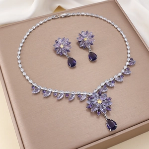 Collier Et Boucles Oreilles Fleur Zircon Violet Jaune Pendentif Goutte Eau Élégant Bijoux Acier Titane Pour Femme