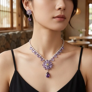 Parure de bijoux fleurie en zircone violette avec collier et boucles d'oreilles sur modèle