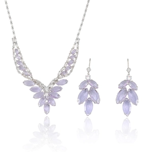 Parure élégante avec cristaux violets marquise, collier et boucles d'oreilles argent