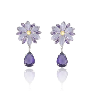 Parure boucles d'oreilles fleur en zircon avec pétales violets et gemmes gouttes