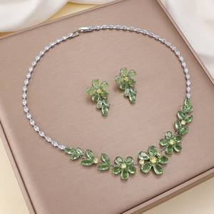 Fashion zircon jewelry set with green plum blossom necklace and matching earrings