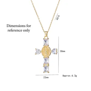 Gold plated cross medal necklace with cubic zirconia stones and virgin mary center