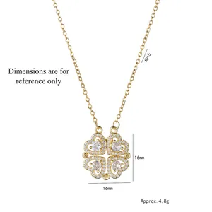Collier trèfle cœur pliable doré avec zircons blancs étincelants et pendentif aimanté