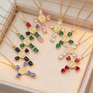Cross Pendant Necklace With Virgin Mary Relief And Colorful Cubic Zirconia Titanium Steel Clavicle Chain For Women