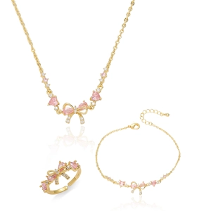 Parure de bijoux dorés avec cœurs roses, nœuds, collier, bracelet et bague ajustable