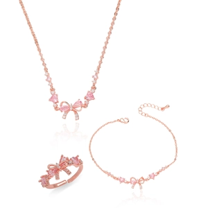 Parure de bijoux nœud papillon cœur rose avec collier, bracelet et bague ajustable