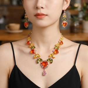 Chic heart-shaped jewelry set with colorful zirconia necklace and earrings for women
