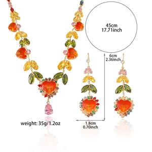 Colorful heart-shaped zircon necklace and earring set in bohemian gold-plated style