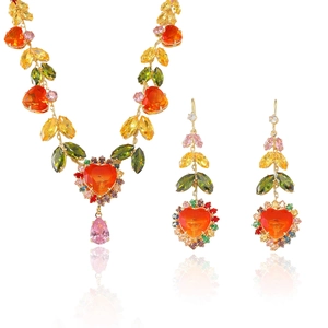 Colorful zircon heart necklace and earring jewelry set with vibrant gemstones in gold finish