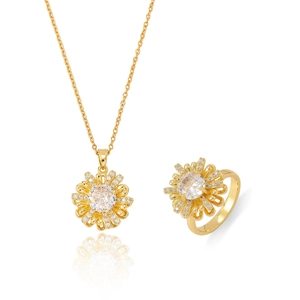 Set de collar y anillo de girasol giratorio con detalles de circonita dorada