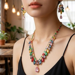 Fashion colorful zircon earrings and necklace set on an elegant Asian model