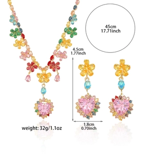 Colorful floral gemstone necklace and heart earrings set with detailed dimensions
