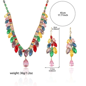 Colorful zircon jewelry set with wheat-ear pattern necklace and hanging drop earrings