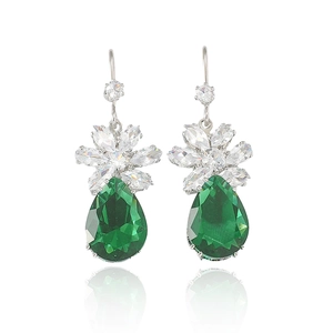 Elegant silver earrings with emerald green teardrop crystals and white floral zircon studs
