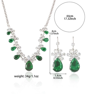Green zircon teardrop necklace and earrings set with elegant silver-tone chain