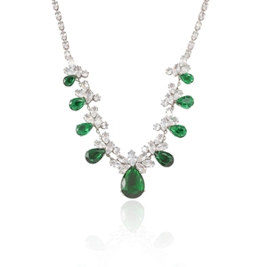 Fashion zircon jewelry set with green teardrop stones and white marquise gems on silver chain