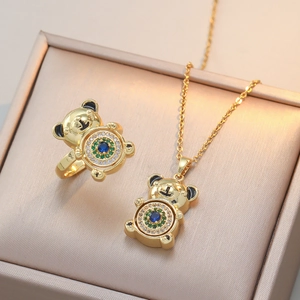 Bear Jewelry Stainless Steel Colorful Zircon Necklace And Ring Trendy Women Accessories